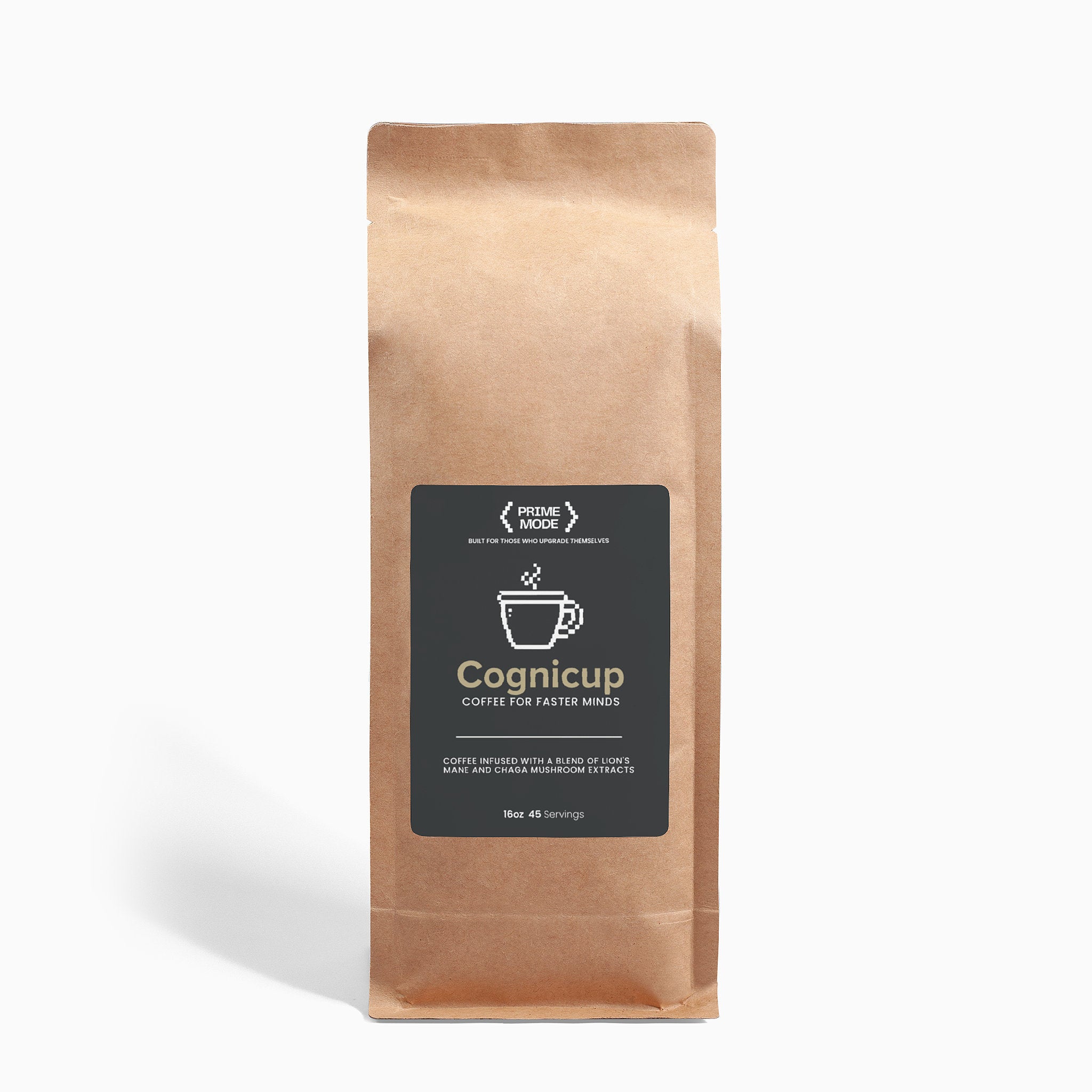 CogniCup mushroom coffee studio product photo – nootropic coffee with lion’s mane and chaga