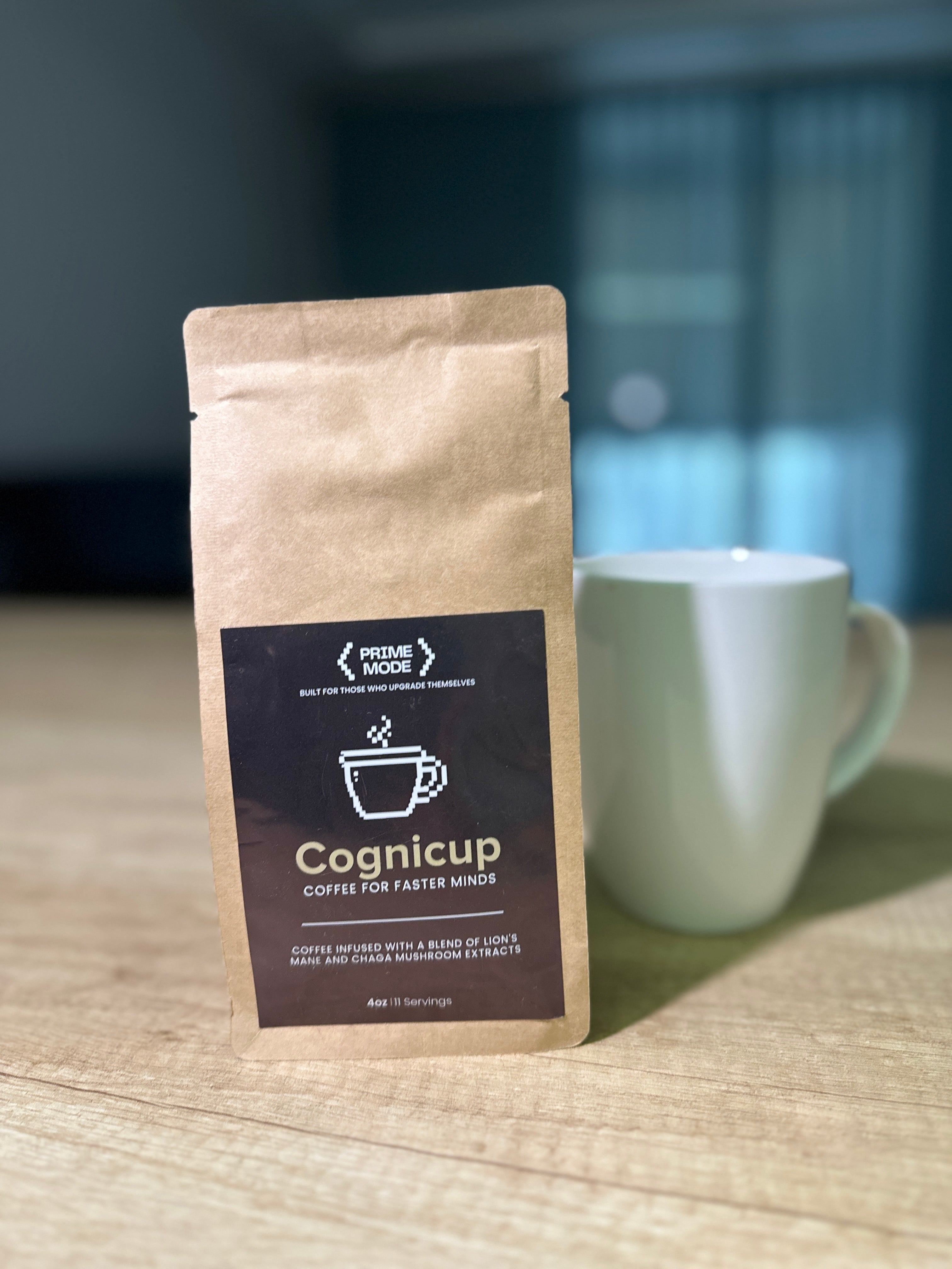 CogniCup mushroom coffee in a workspace setting – focus, clarity and brain fog support for productivity
