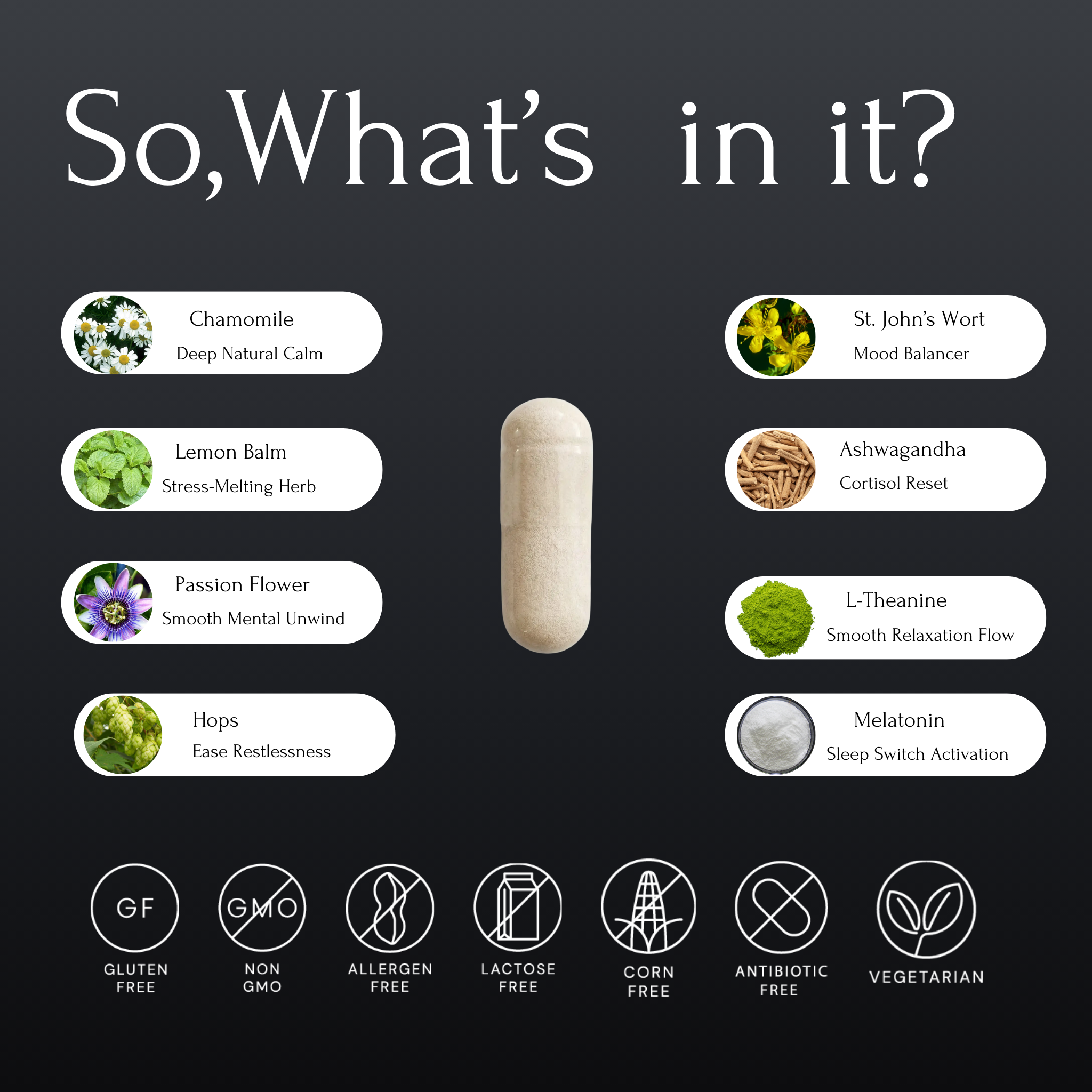 DreamSync ingredients – melatonin, GABA, L-theanine, chamomile, passion flower and ashwagandha for sleep and relaxation