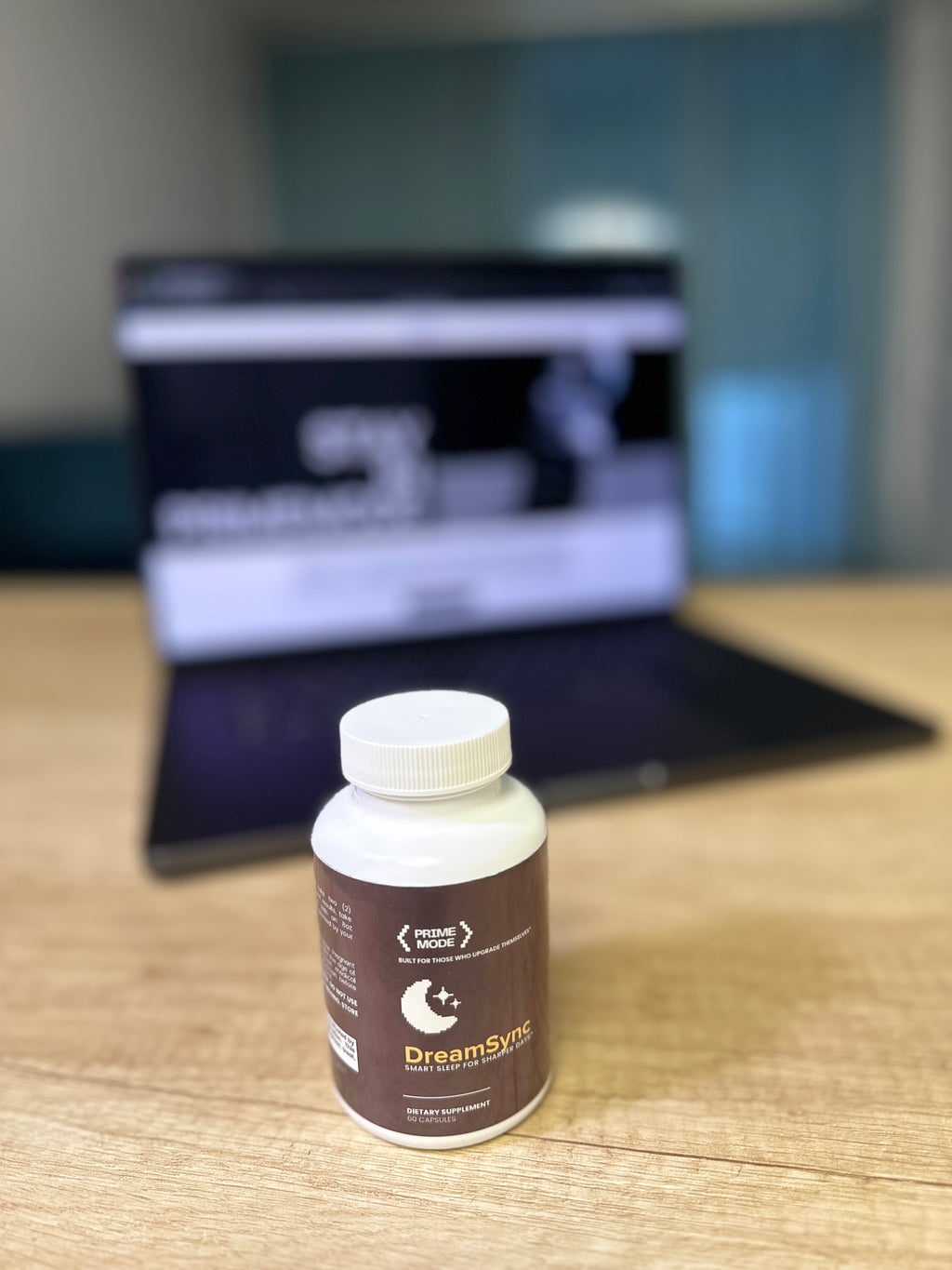 DreamSync sleep support supplement on a nightstand – melatonin and botanicals for deep rest