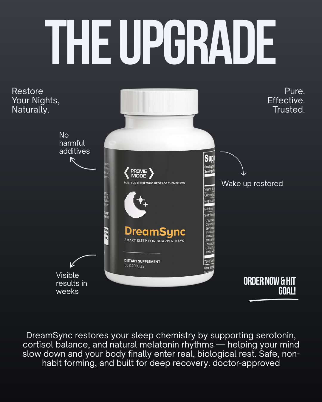 DreamSync promotional banner highlighting melatonin, botanicals and nootropic sleep support for deep rest and recovery