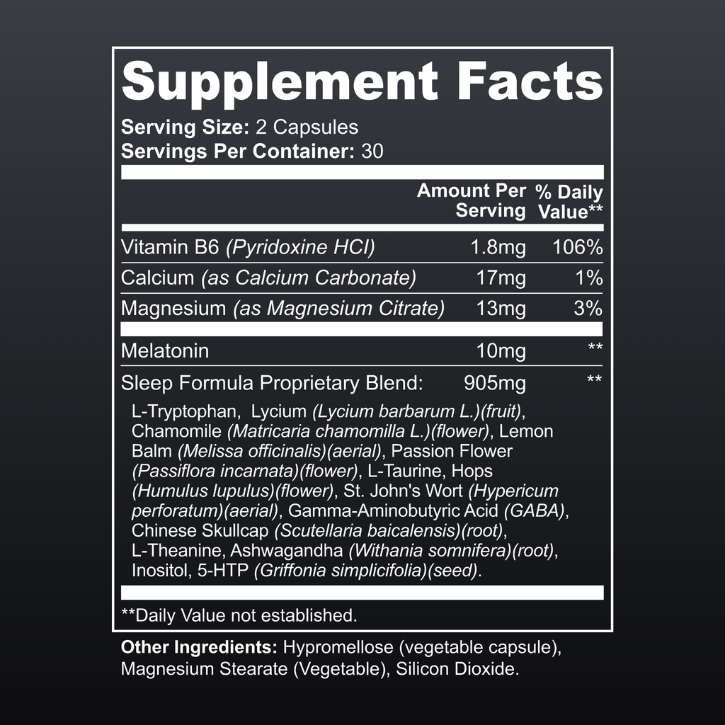 DreamSync supplement facts label – nootropic sleep support formula for deep rest and nightly recovery