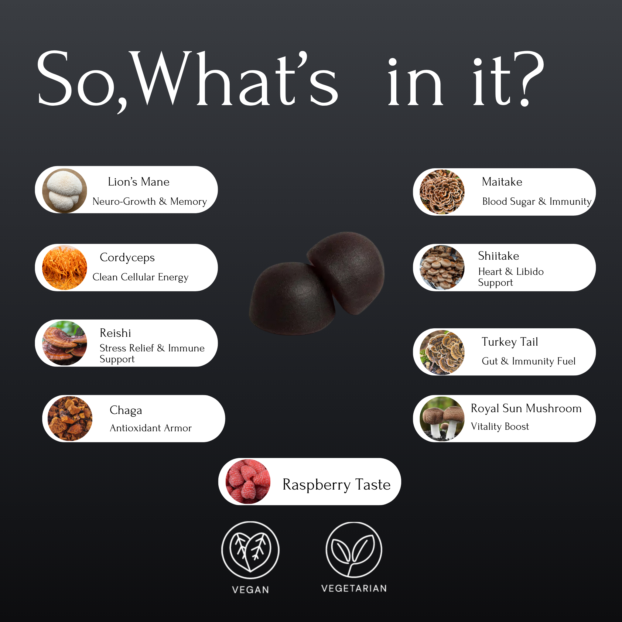 NeuroBloom ingredients – lion’s mane, reishi, chaga, cordyceps and mushroom complex supporting memory and energy