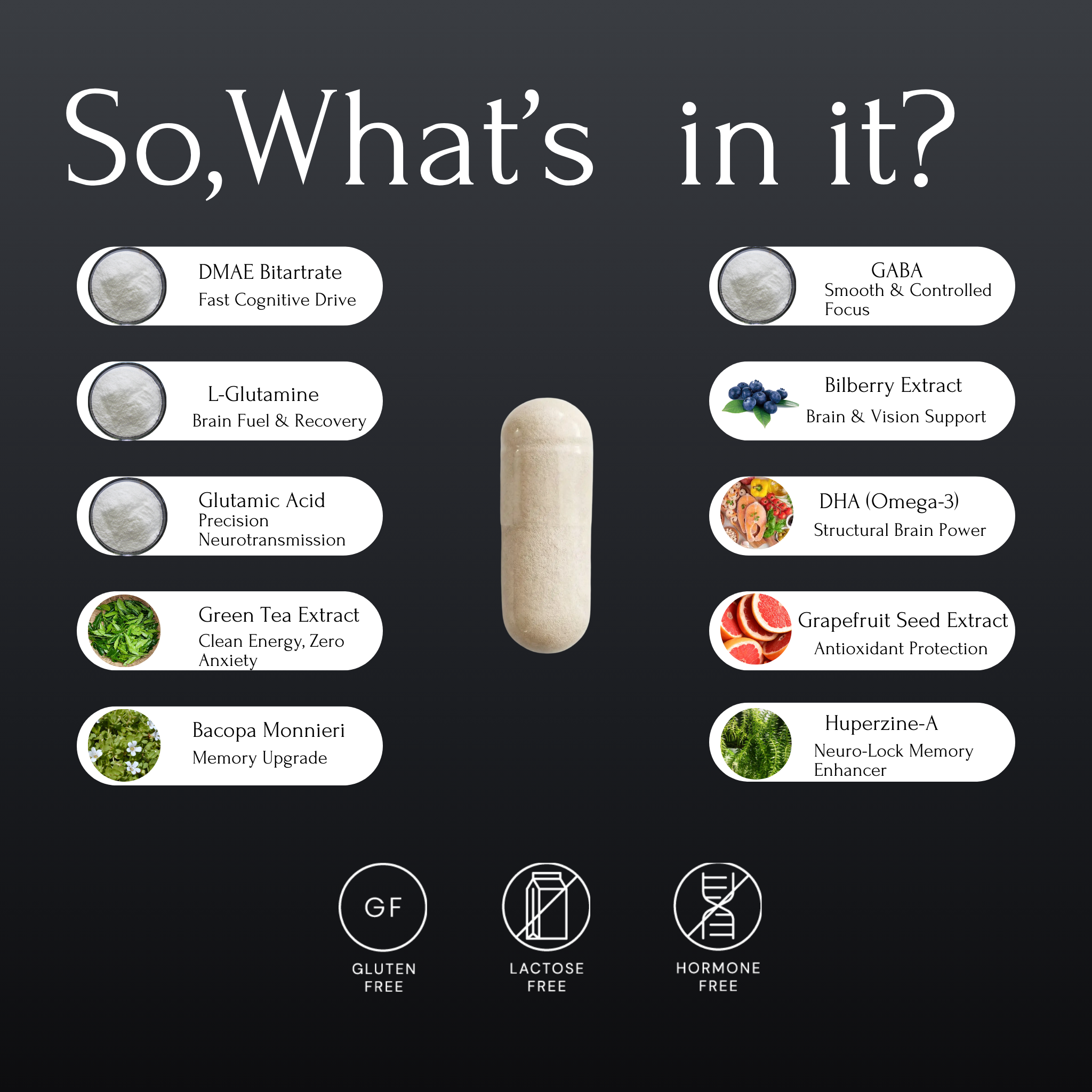 NeuroPeak ingredients – DMAE, GABA, Bacopa and amino acids supporting focus, learning and neuroactivity