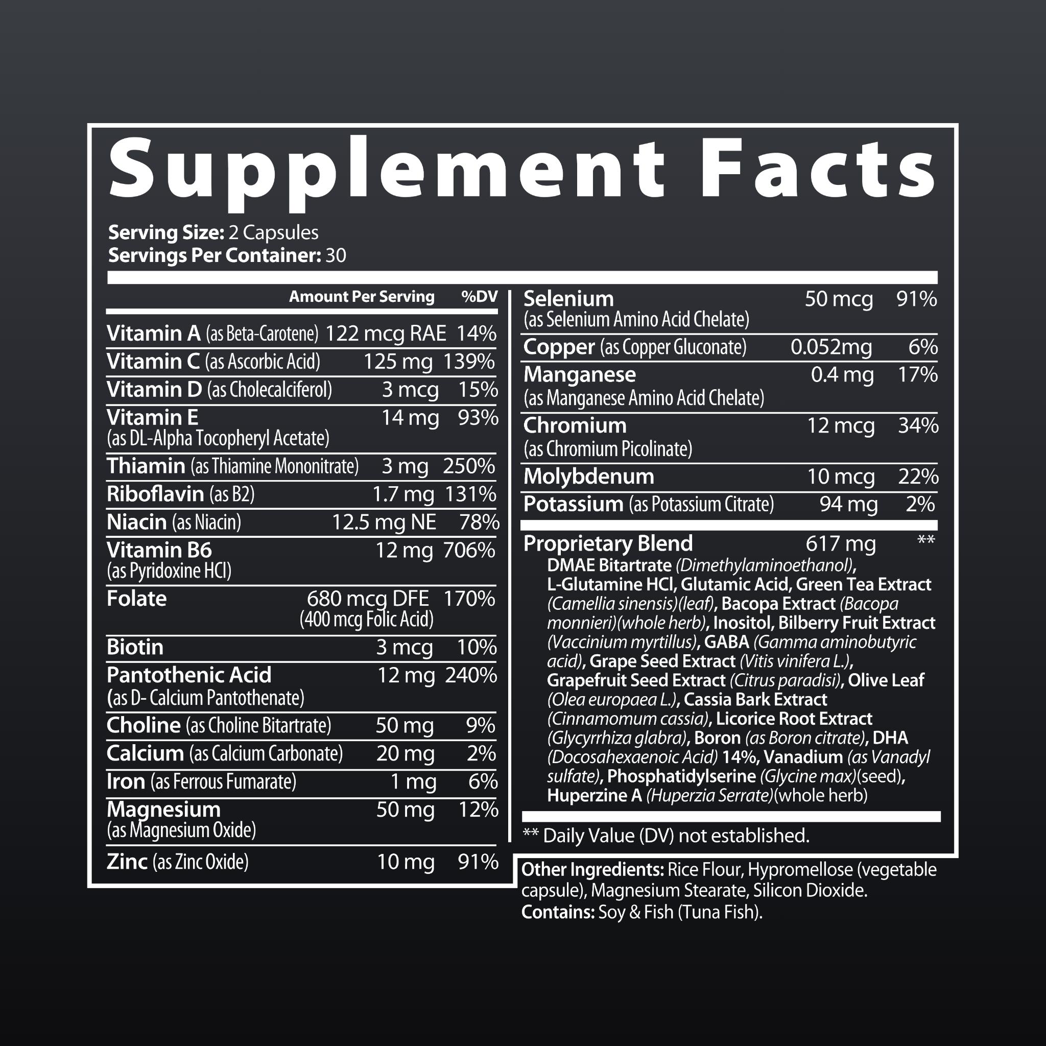 NeuroPeak supplement facts label – nootropic brain and focus formula with cognitive support blend