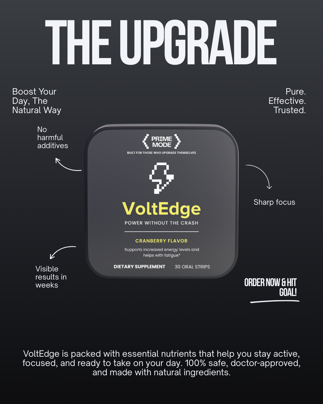 VoltEdge promotional banner highlighting crash-free energy, mental clarity, and fast absorption oral strips