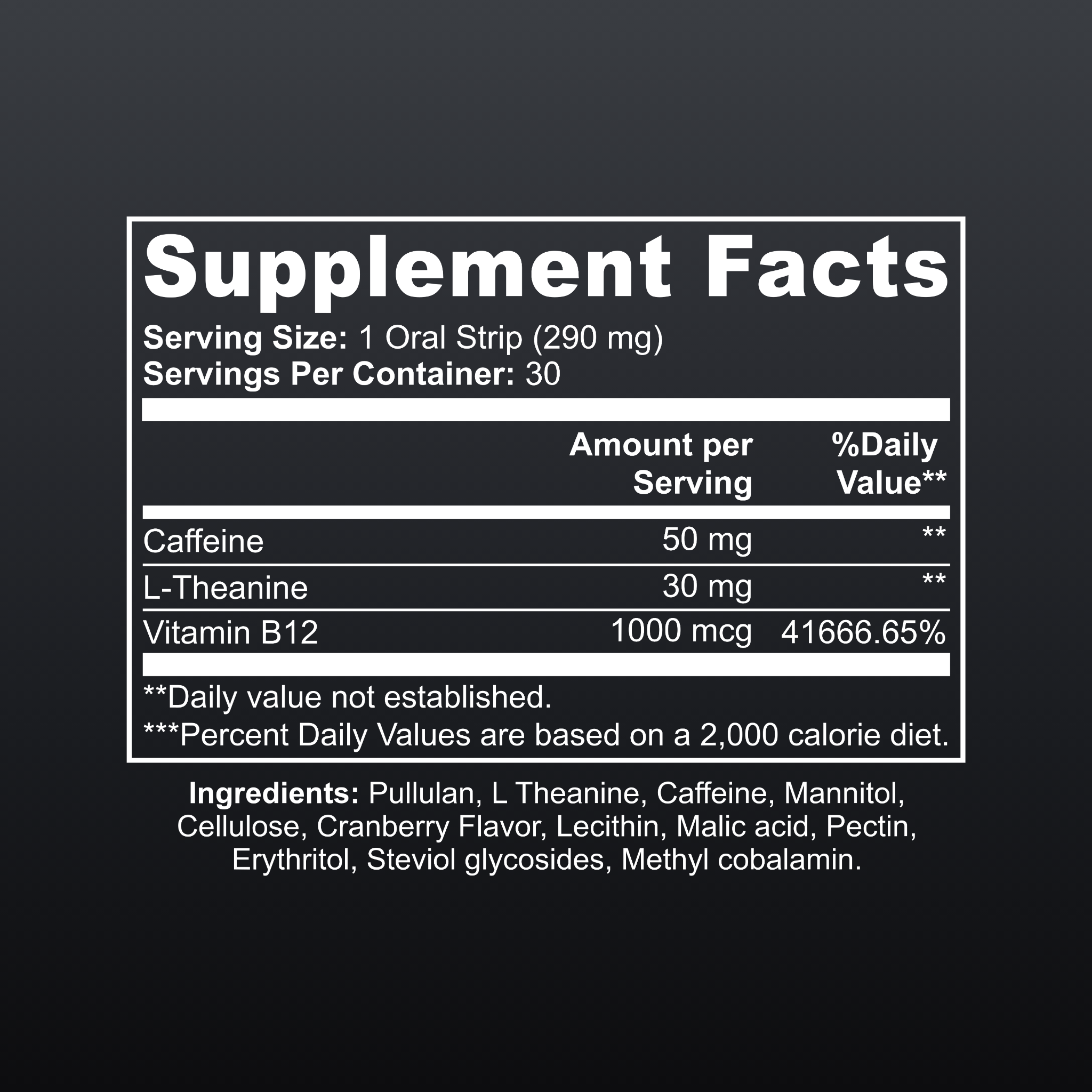 VoltEdge supplement facts label – caffeine, L-theanine, vitamin B12 energy formula